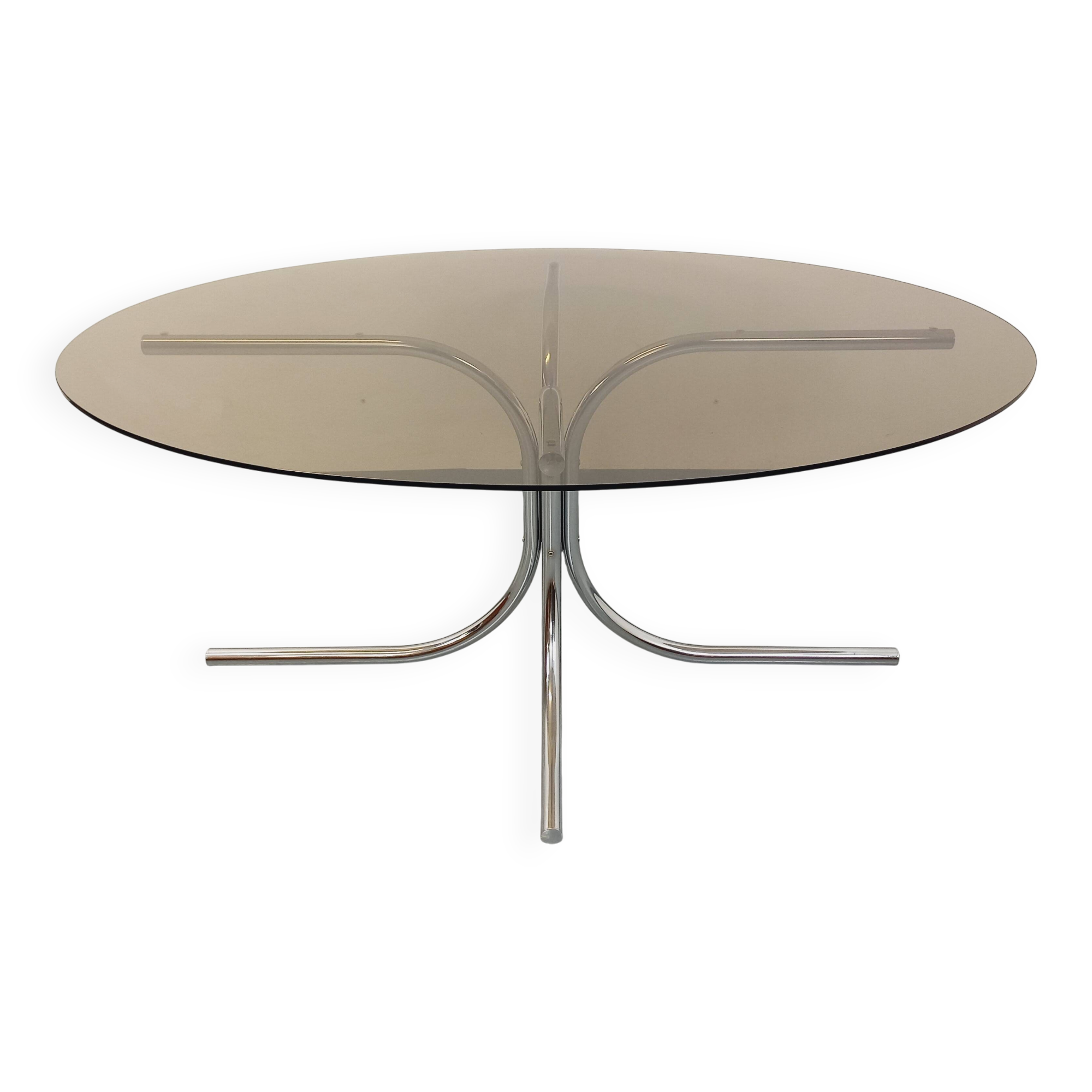 Vintage oval dining table in smoked glass and chrome metal