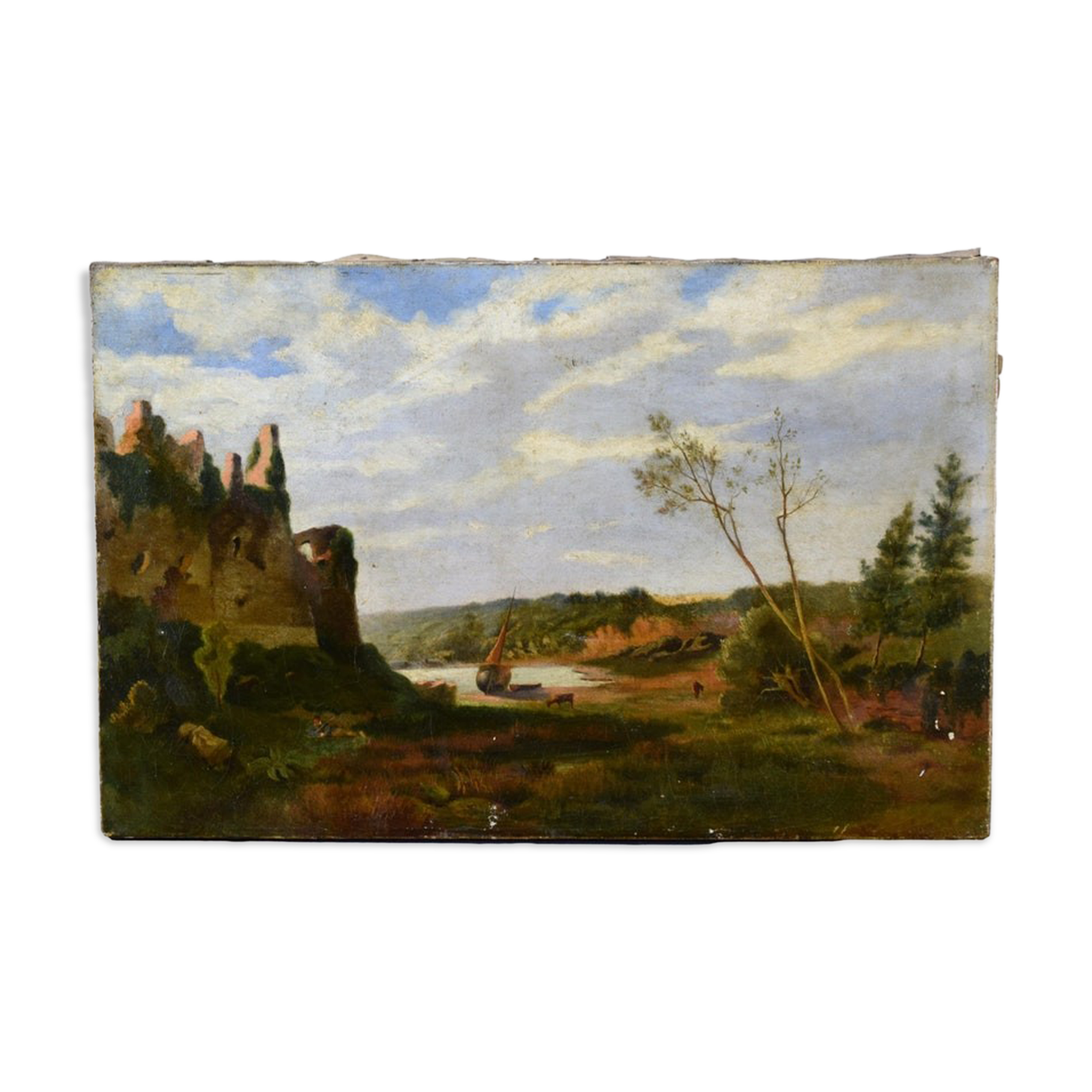 Old painting french pastoral school boat