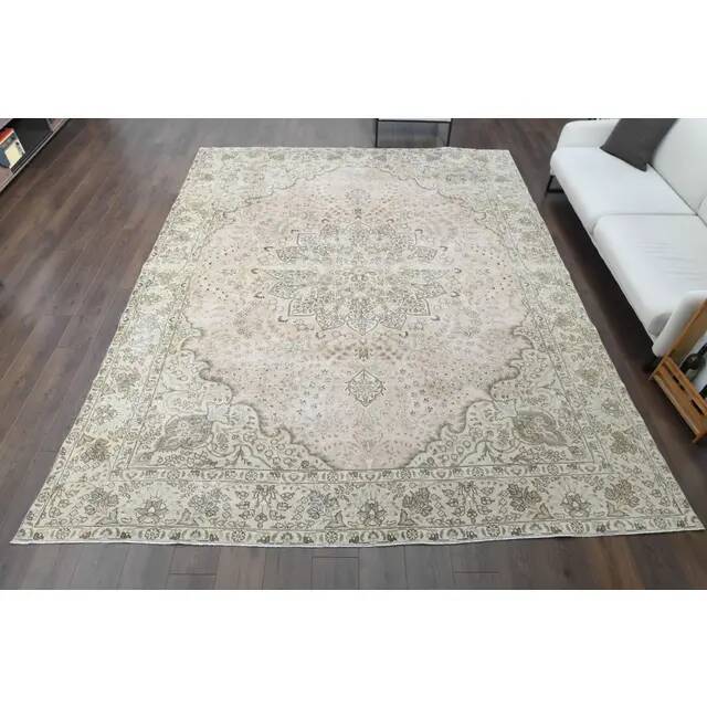 1970s Vintage Persian Handmade Wool Cotton Beige Area Rug 287x367