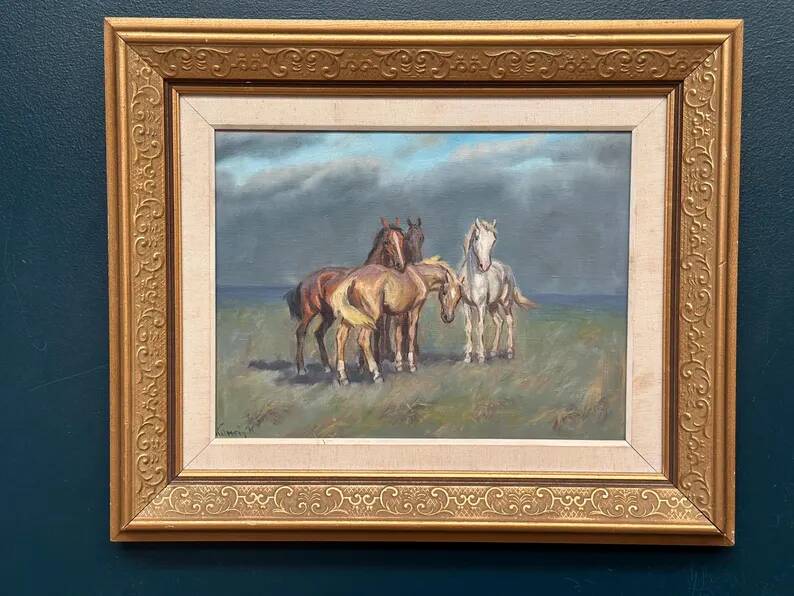 Original Swedish Oil on Canvas – “Horses” – Signed – Vintage & Framed – 59.5 × 49.5 cm