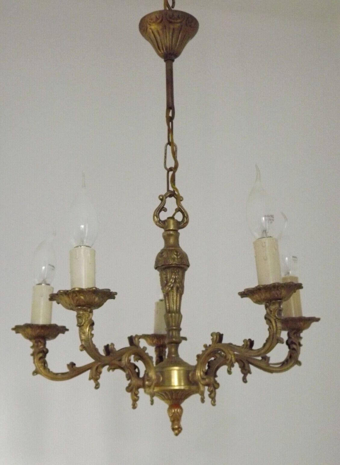 Vintage french bronze ornate detail 5 light chandelier