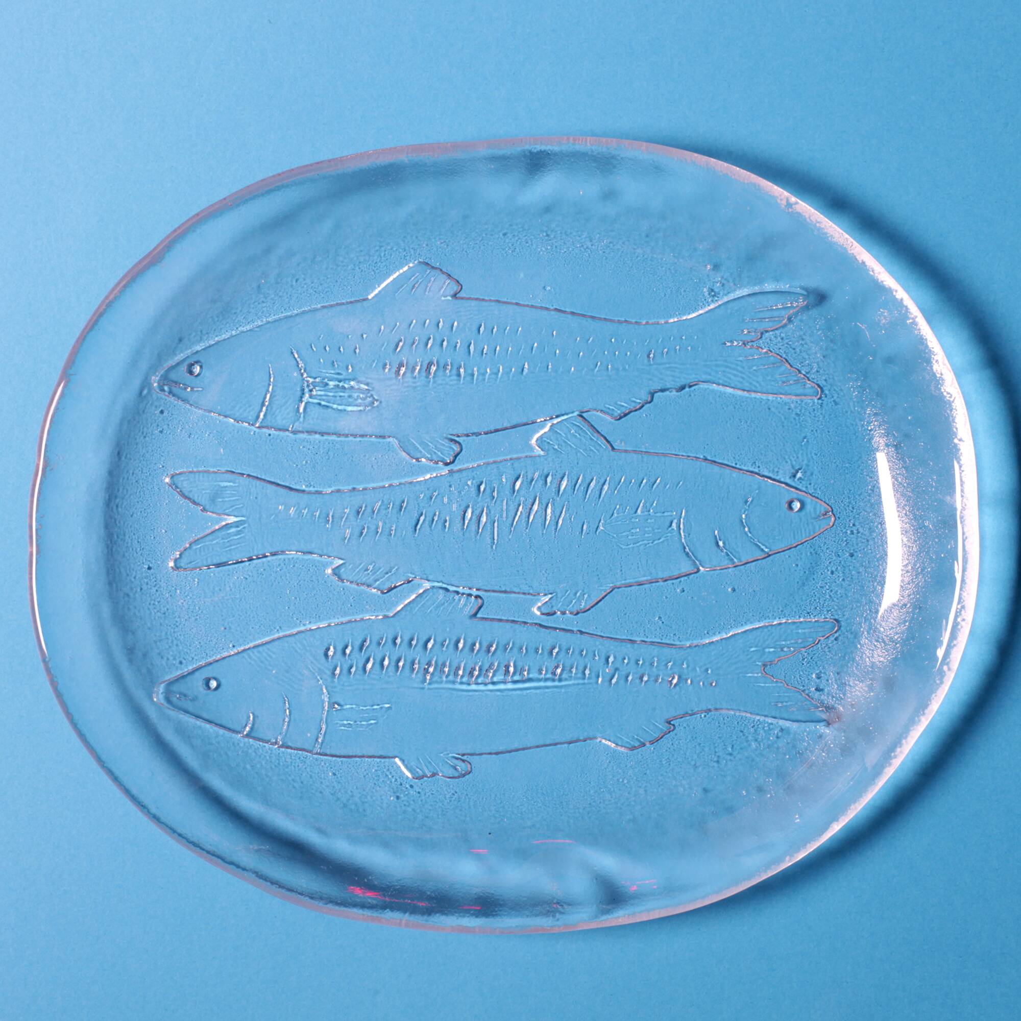 Set of 4 Vintage Kosta Boda Glass Oval Dinner Fish Plates / Sweden / 1970s