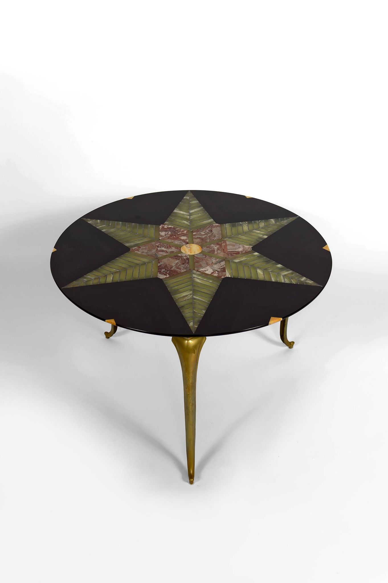 Exceptional coffee table in bronze and marble marquetry, c. 1960