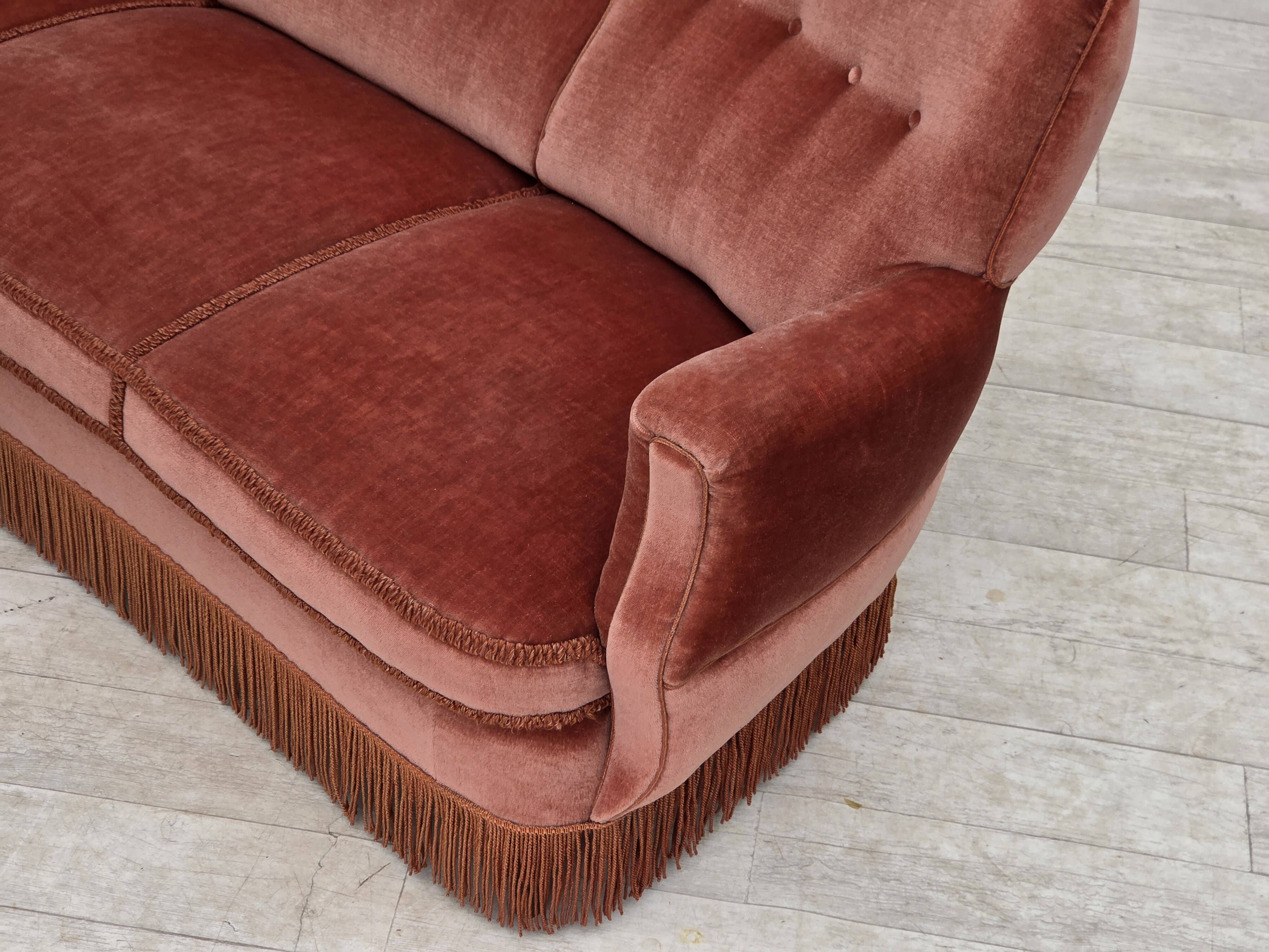 1970s, 3-seater Danish curved sofa, pink furniture velour.