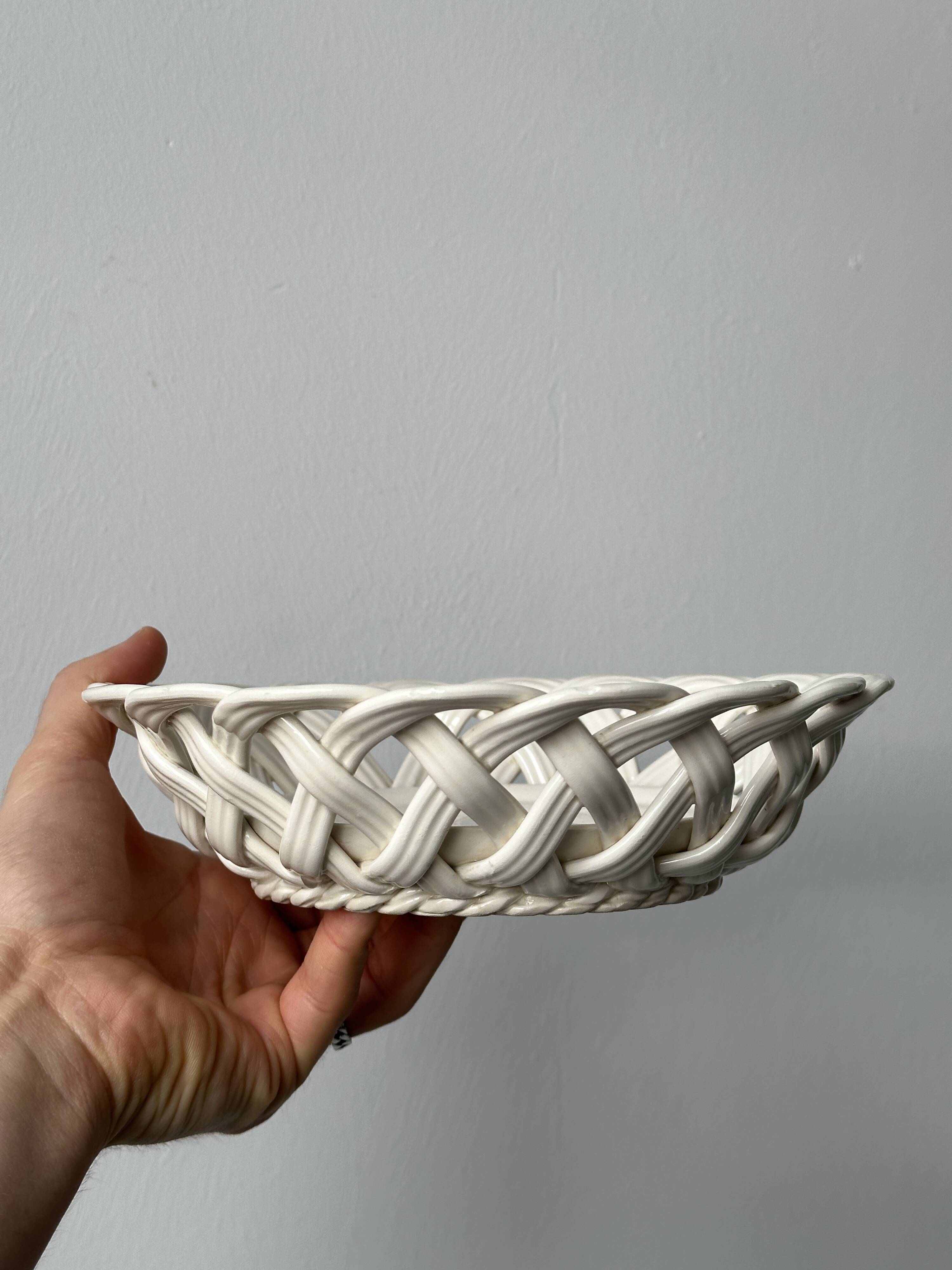 Woven white ceramic basket