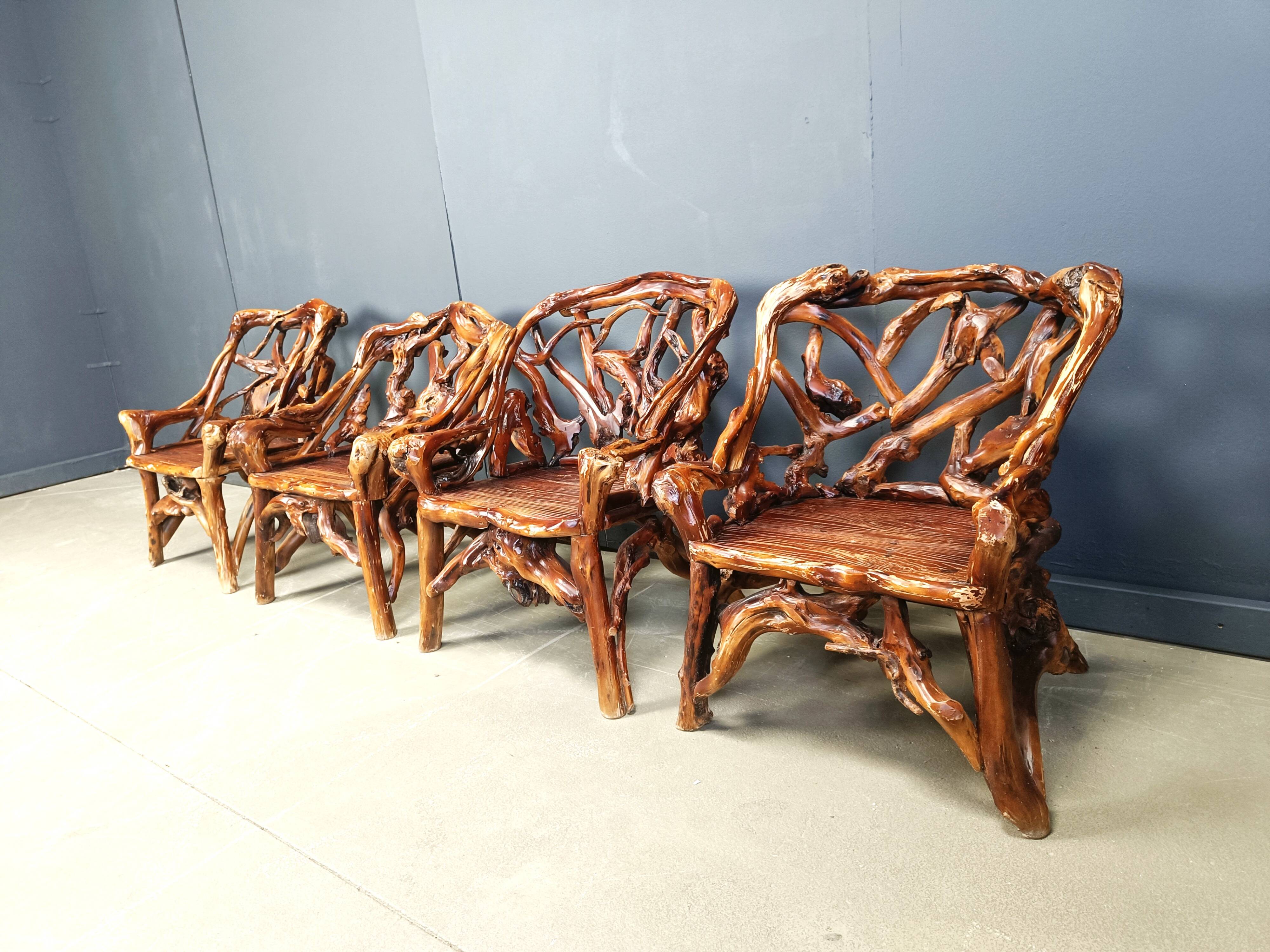 Rustic wood and knotted root armchairs, set of 4 - 1960s