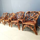 Rustic wood and knotted root armchairs, set of 4 - 1960s