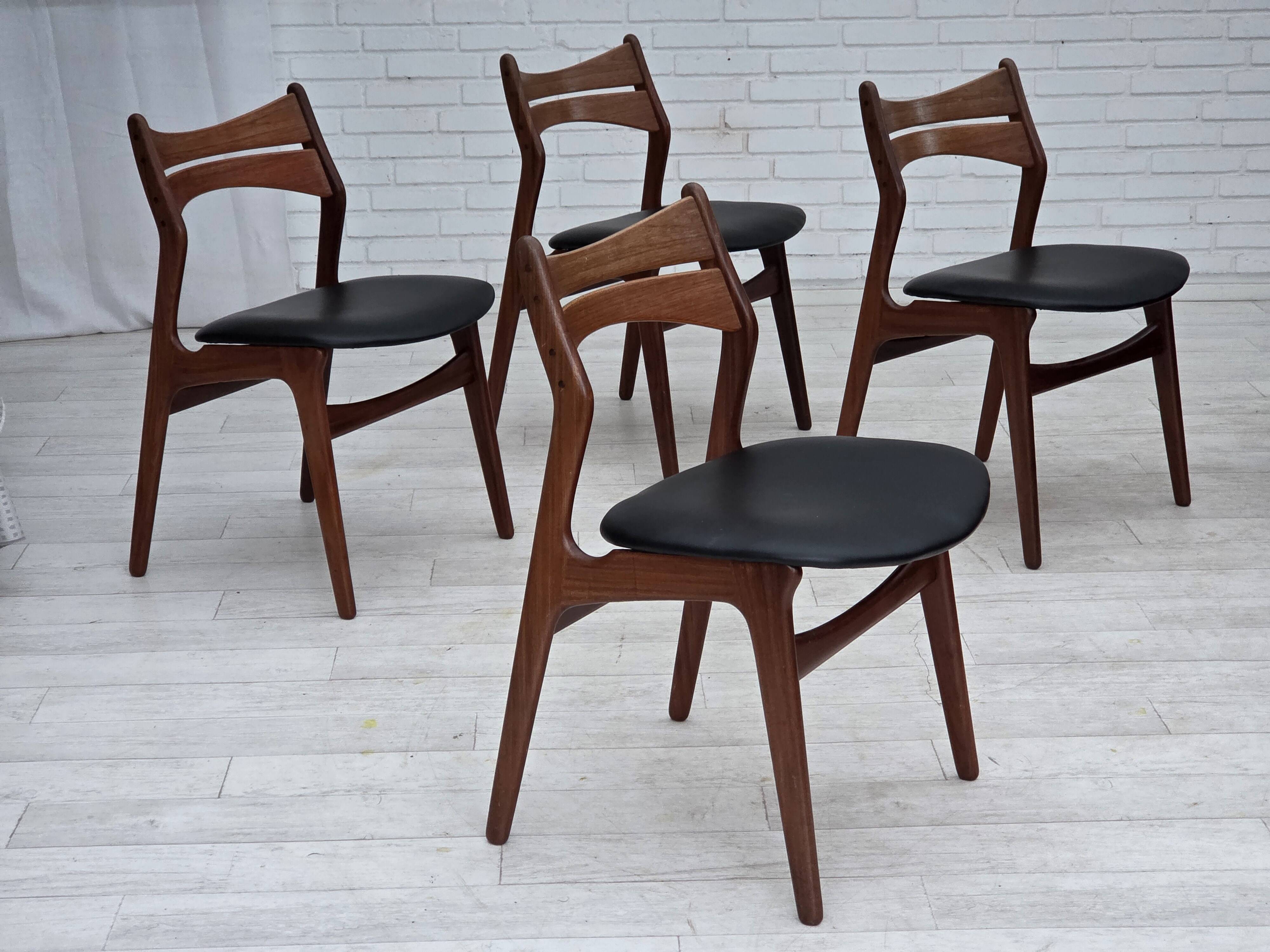 1960s, set of 4 reupholstered Danish dining chairs, design by Erik Buck.