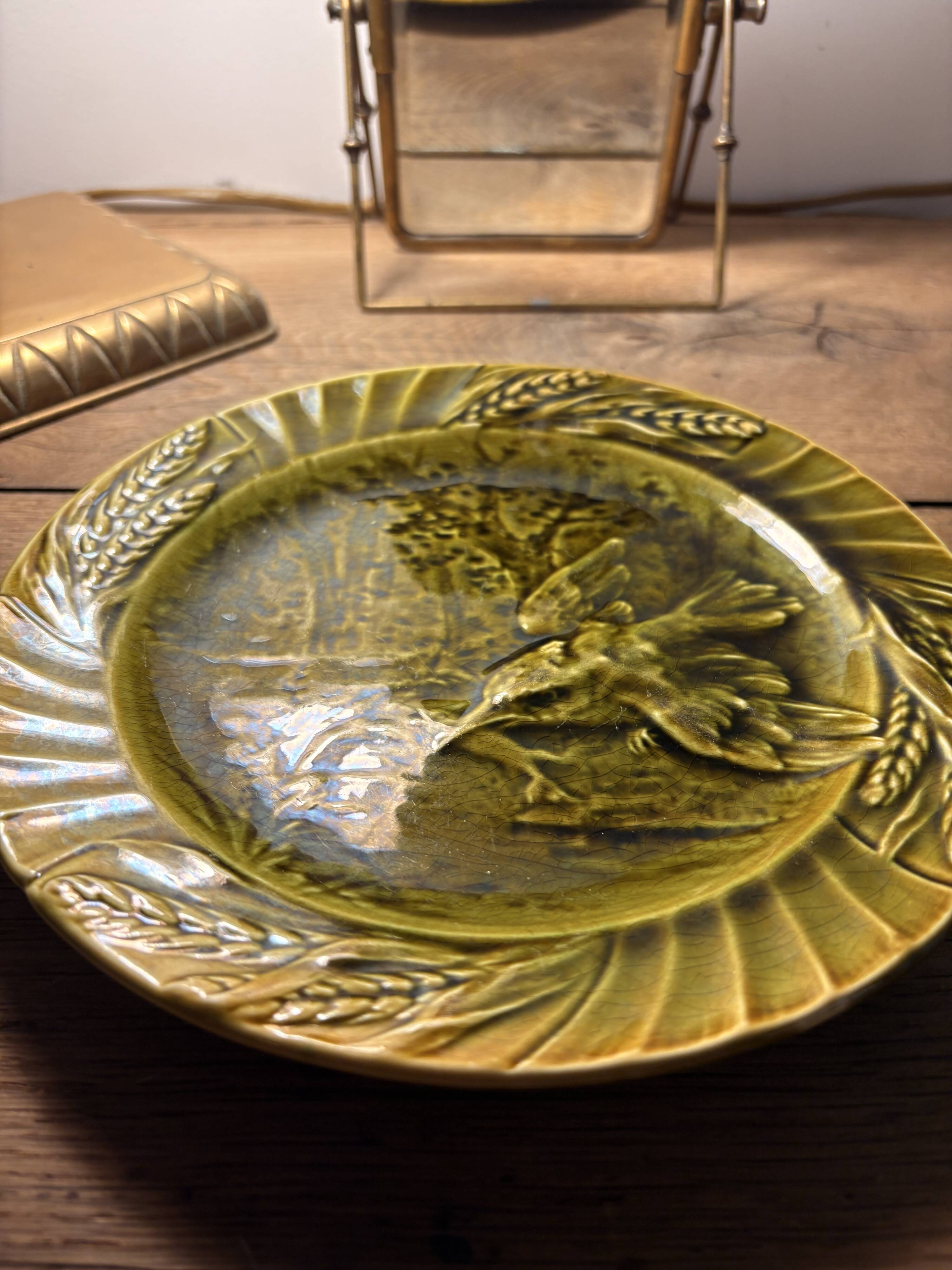 Antique molded earthenware plate – bird and wheat wheat decoration – barbotine style