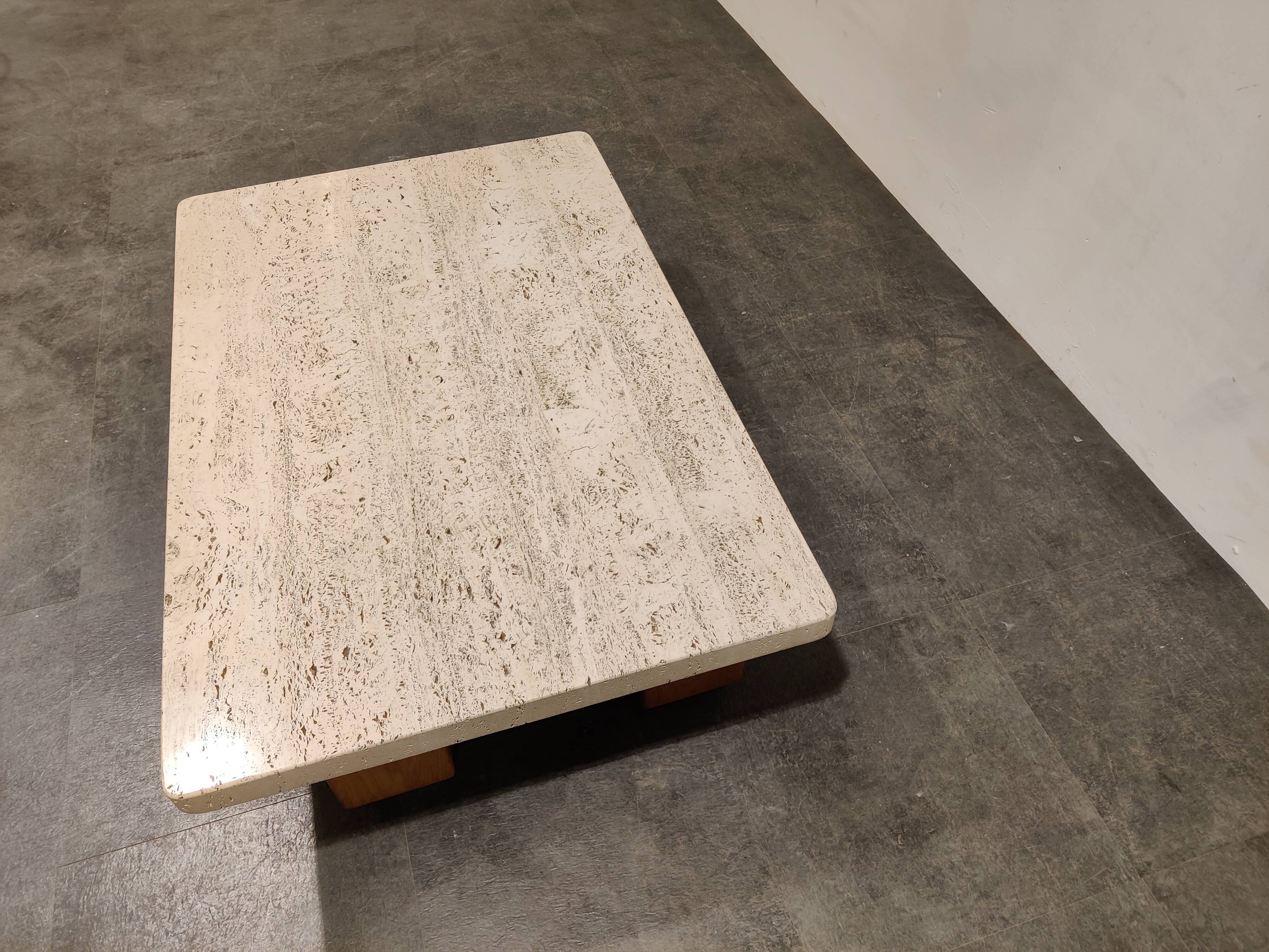 Vintage travertine and wooden coffee table, 1970s