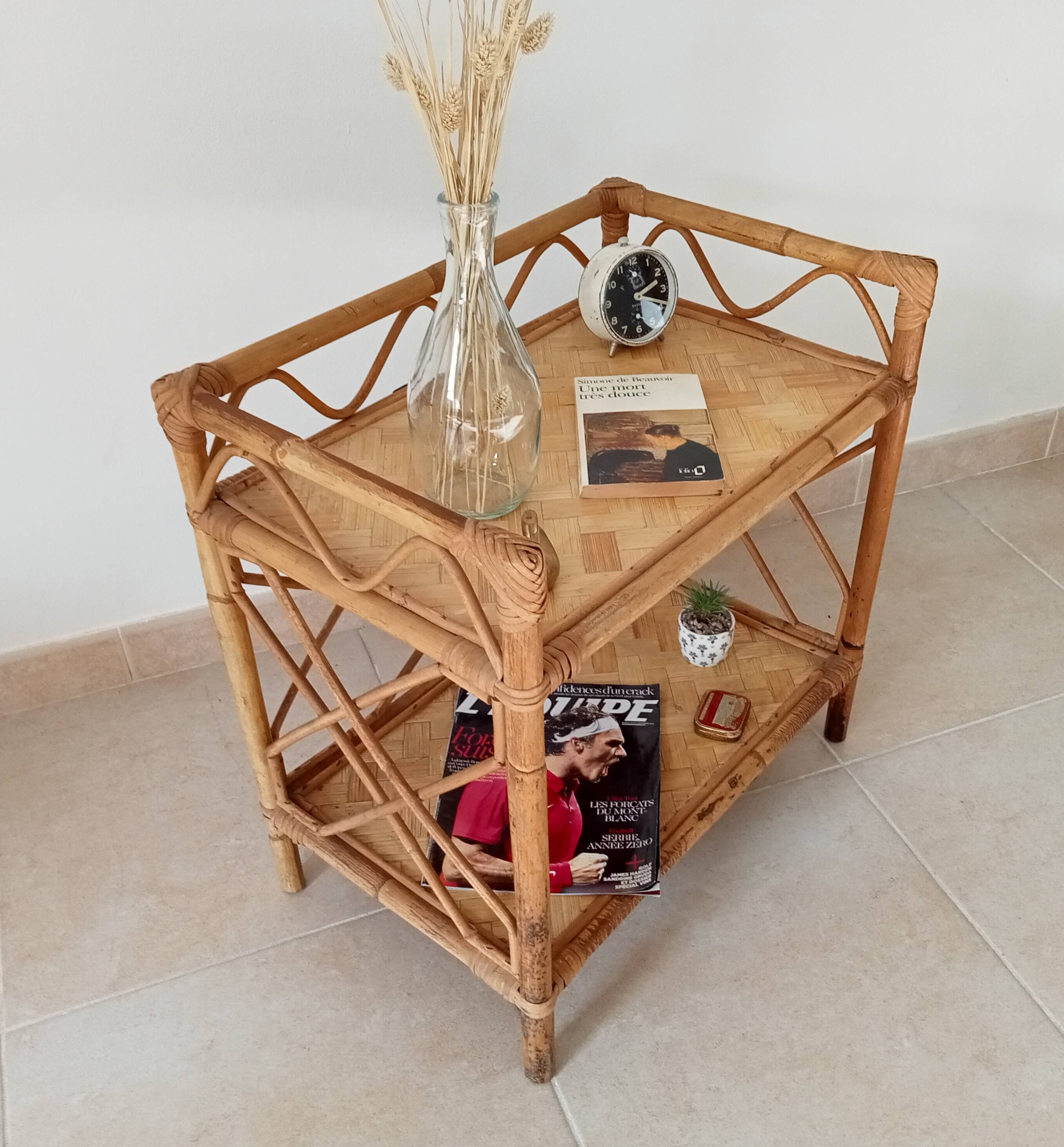 Bamboo and rattan shelf side table by Audoux and Minnet 1950s