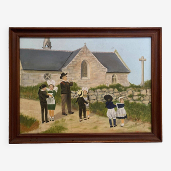 Oil on panel by Barrez folklore dance of Breton children chapel