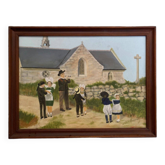 Huile sur panneau par Barrez folklore danse d'enfants bretons chapelle