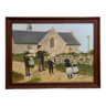 Oil on panel by Barrez folklore dance of Breton children chapel
