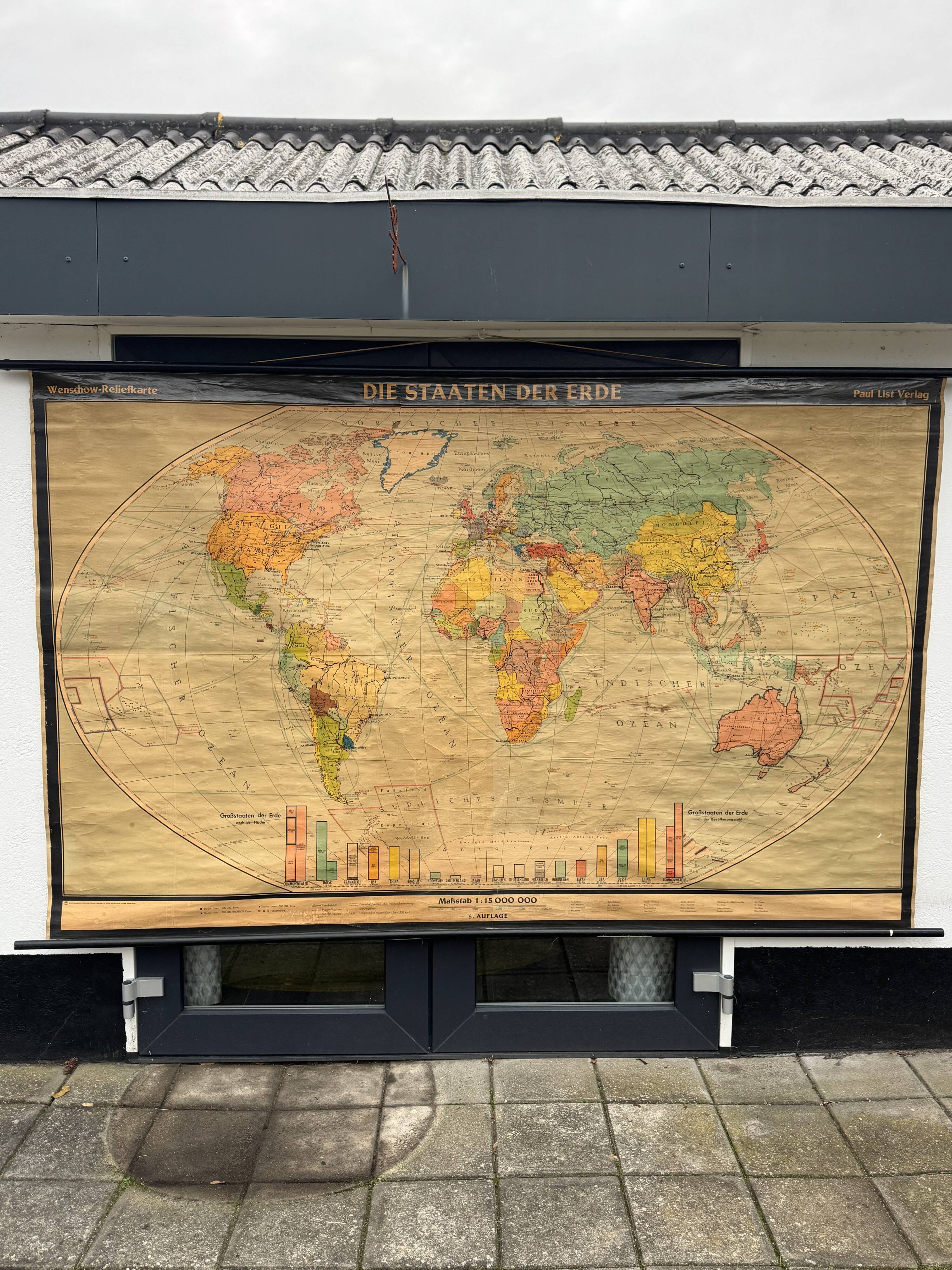Carte sur toile très grand format de Karl Wenschow, Allemagne, années 1950