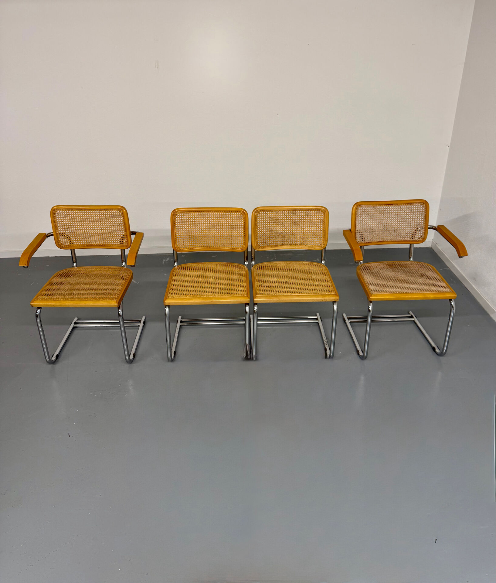 Set of 4 cane cantilever chairs and armchairs, Cesca, 1970s.