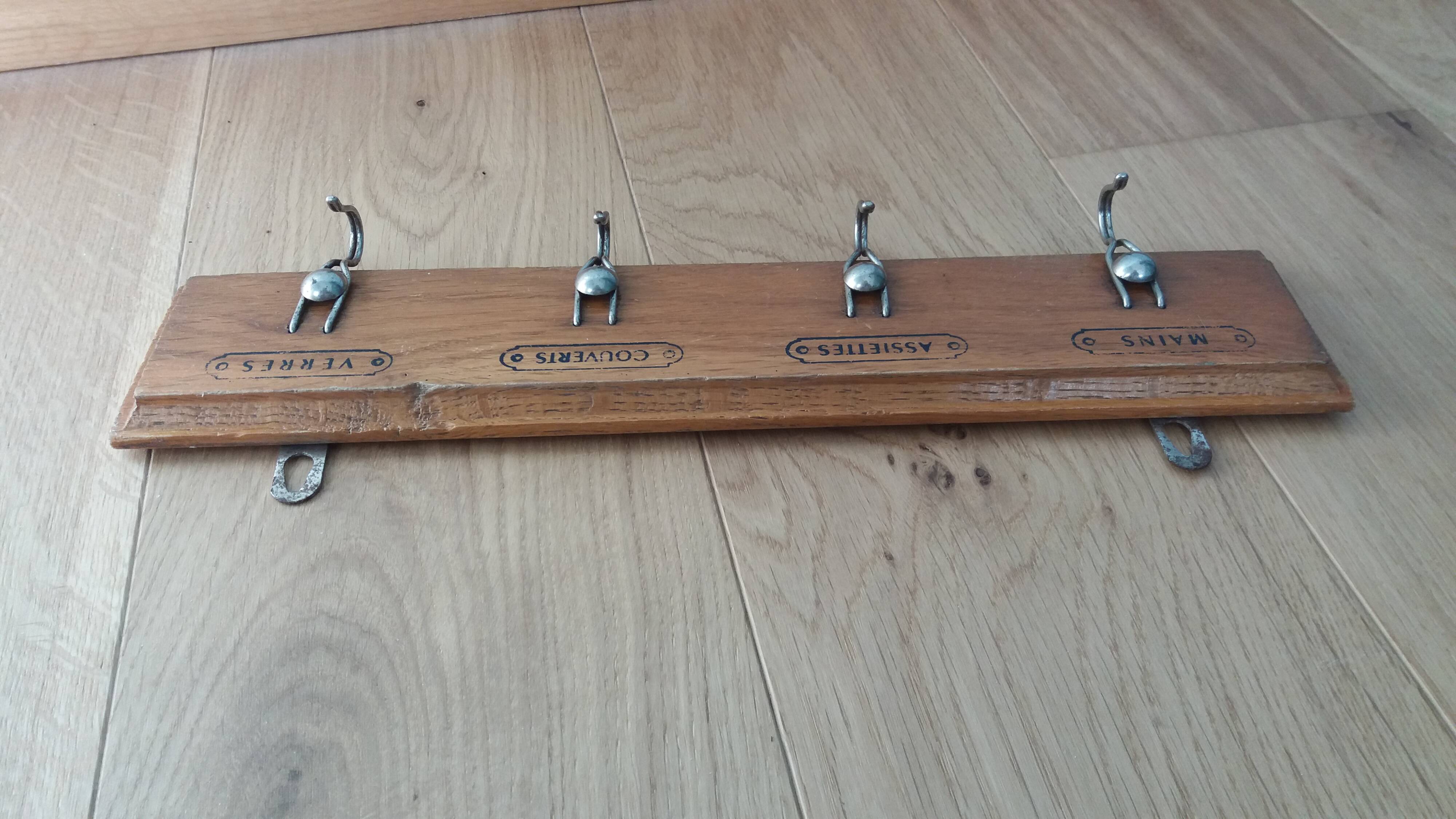 Tea towel holder, wooden and metal towel hook.