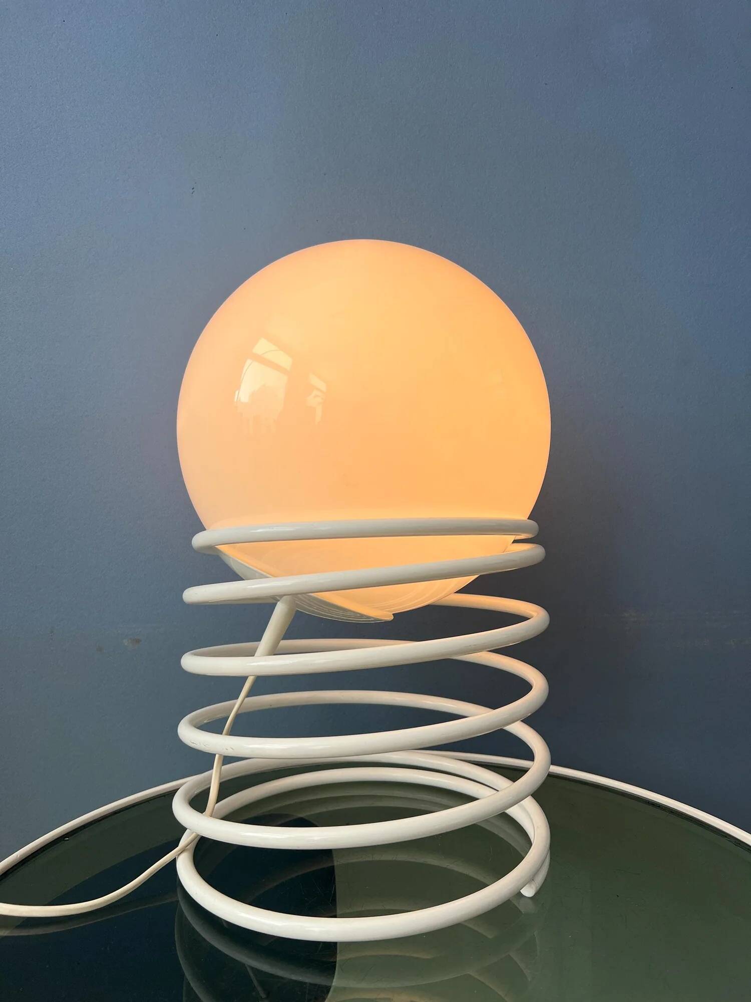 Large mid-century opaline milk glass spiral table lamp