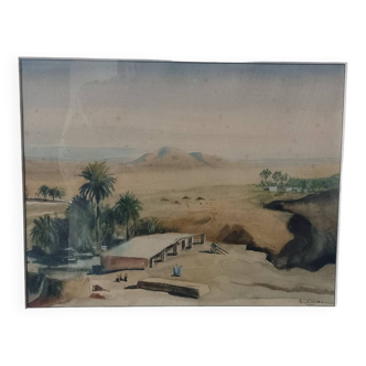 Tableau aquarelle village dans le désert signé
