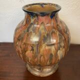 Vase en gres ceramique signé renault argent gres emaille polychrome