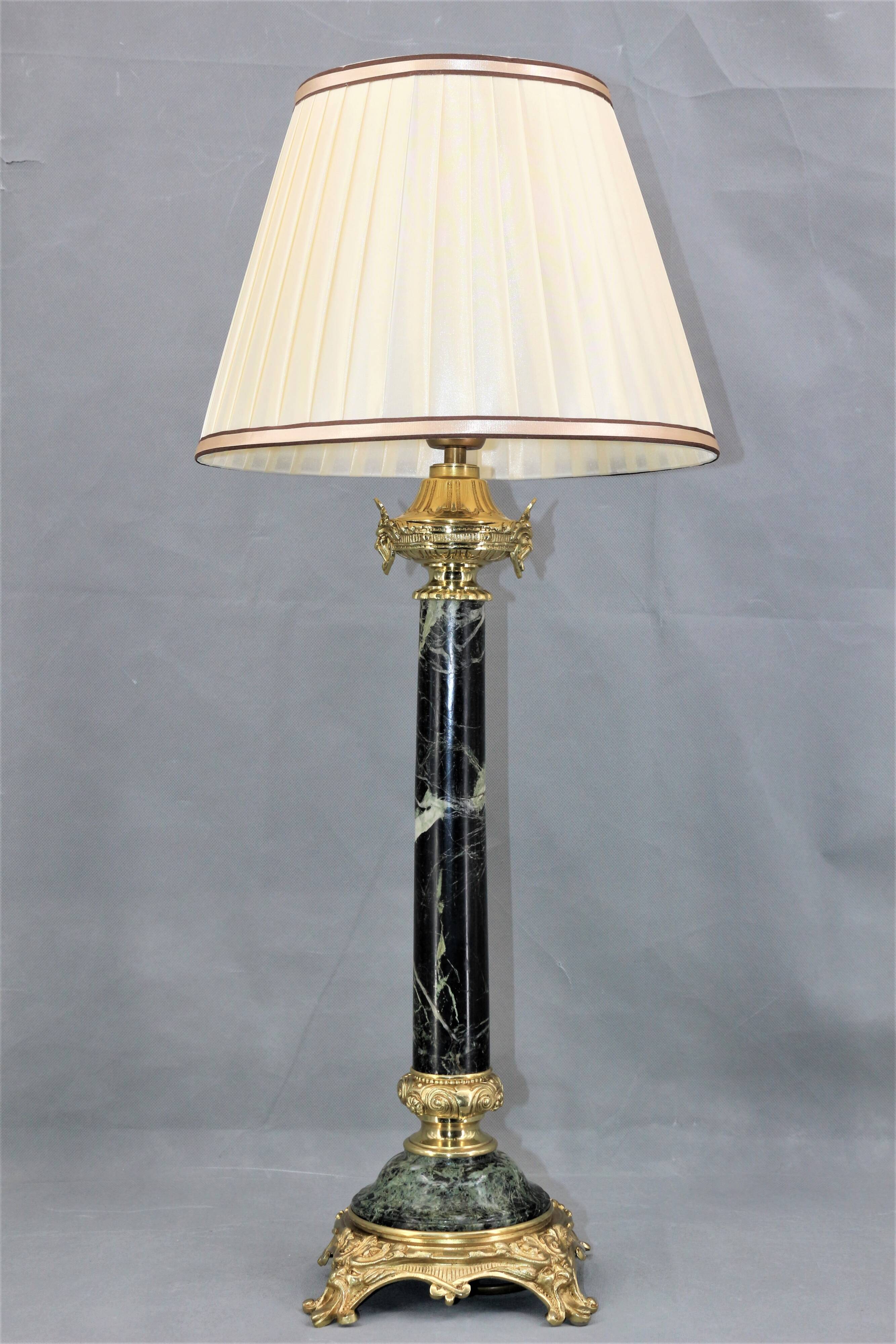 Lamp in gilded bronze & veined water green marble & pleated lampshade