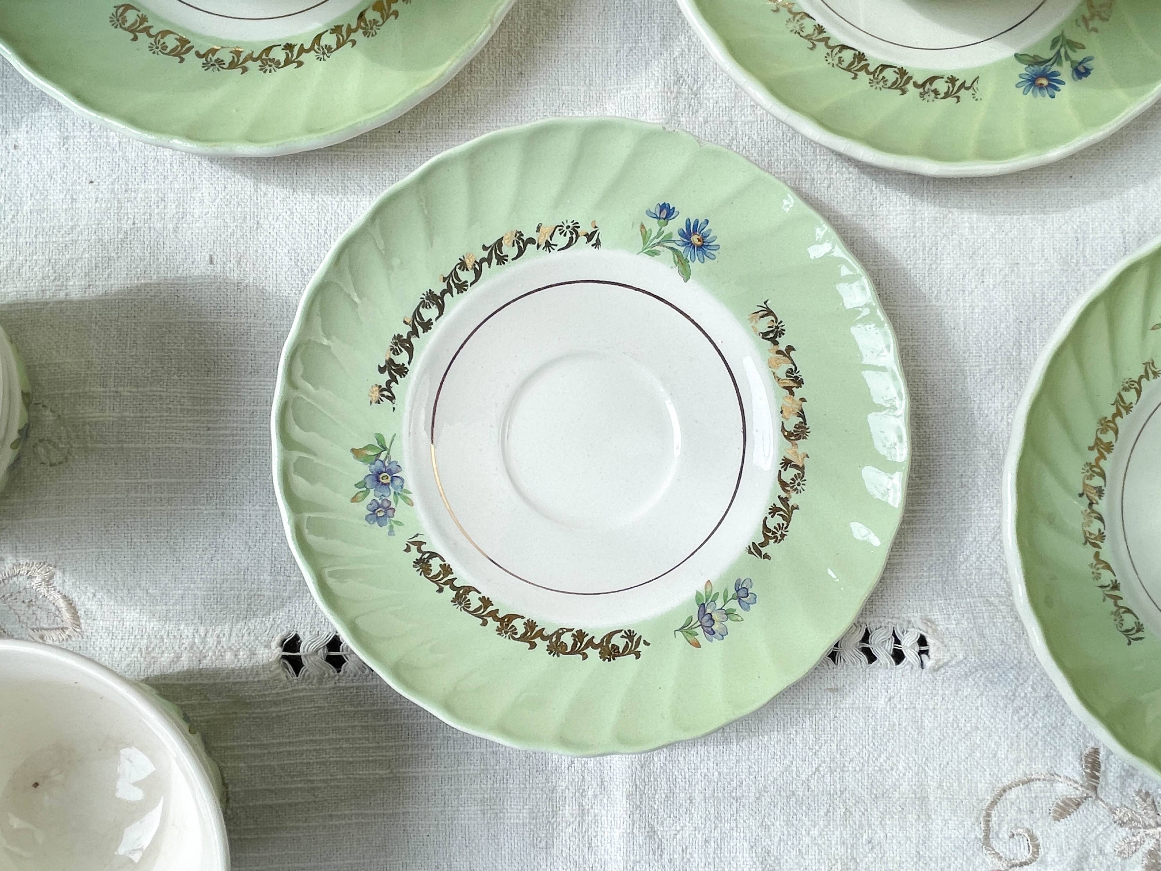 Vintage tea/coffee set in white, green and gold porcelain by SALINS, made in France