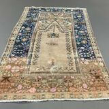 Distressed Turkish Rug 122x79 cm Vintage Shabby, Wool Tribal Blue, Beige Small