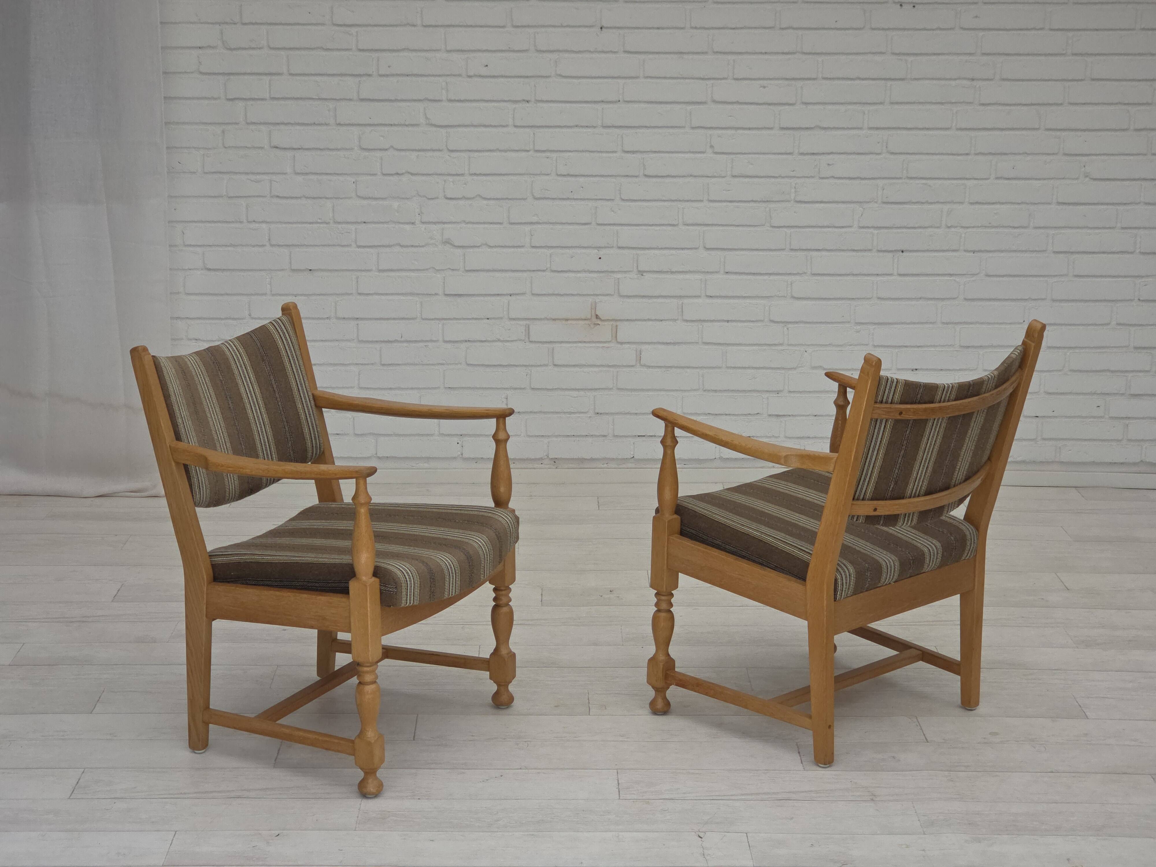 1970s, pair of Scandinavian armchairs, furniture wool, solid oak wood.