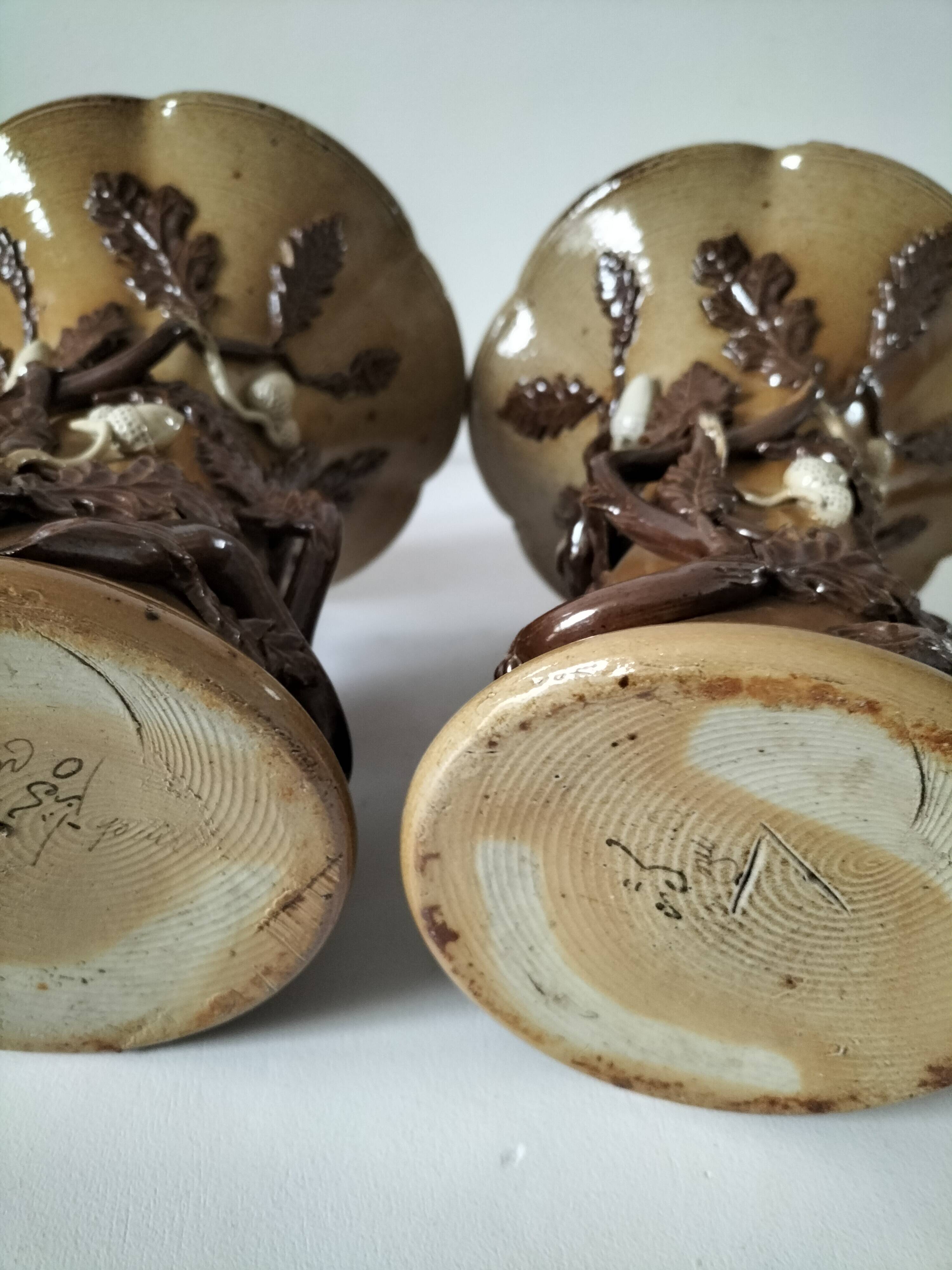 Duo of naturalistic stoneware vases – oak branches & acorns in relief
