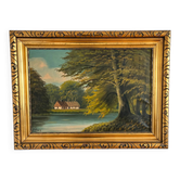 Vintage signed cottage lake landscape oil painting