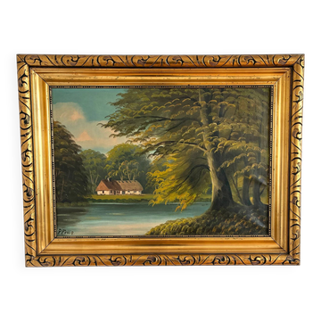 Peinture à l'huile vintage de paysage de cottage au bord du lac signée