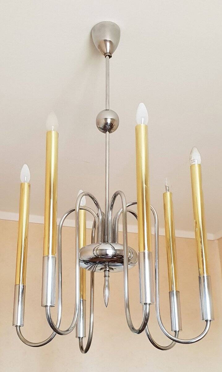 1950s chandelier in brass and chrome-plated brass with 6 lights