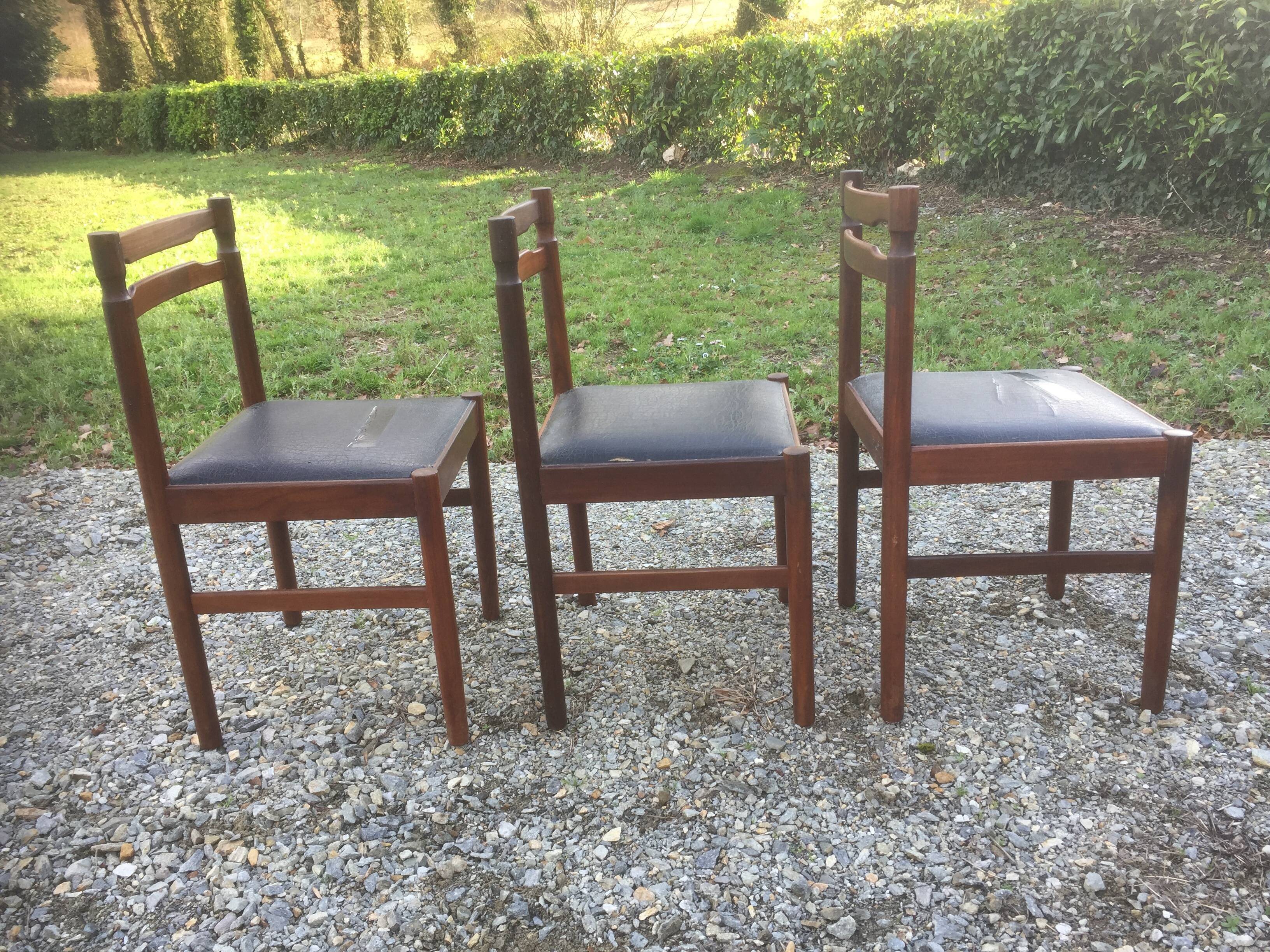 Vintage scandinavian teak chairs, black skaï seats as it is