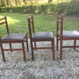 Vintage scandinavian teak chairs, black skaï seats as it is