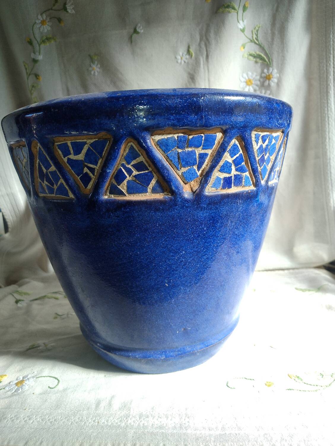 Blue ceramic planter with mosaic frieze
