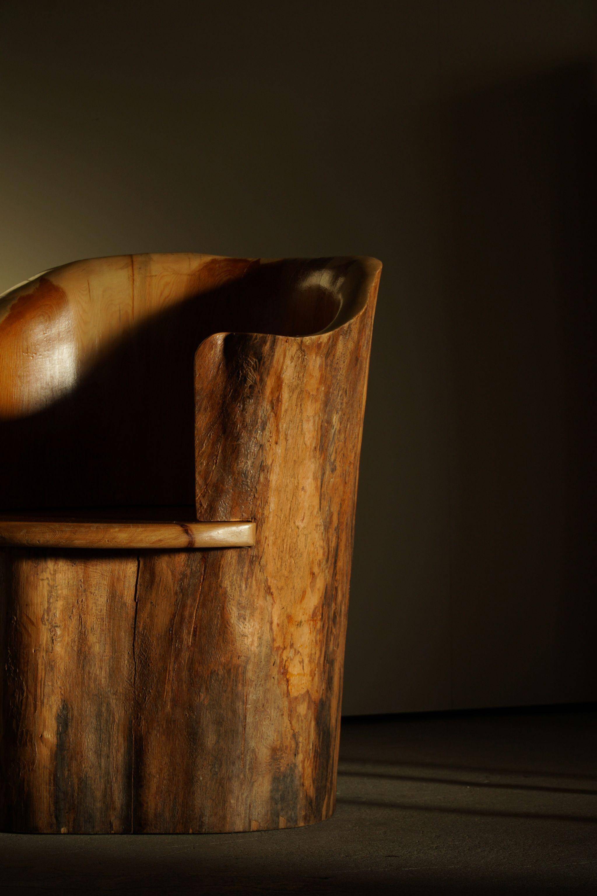 Sculptural stump chair, Brutalism, Wabi Sabi in solid pine, Swedish, 1968.