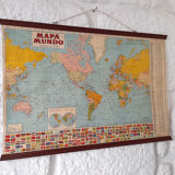 Original Old School Wall Planisphere. Original Vintage in Paper Over Linen World Map.