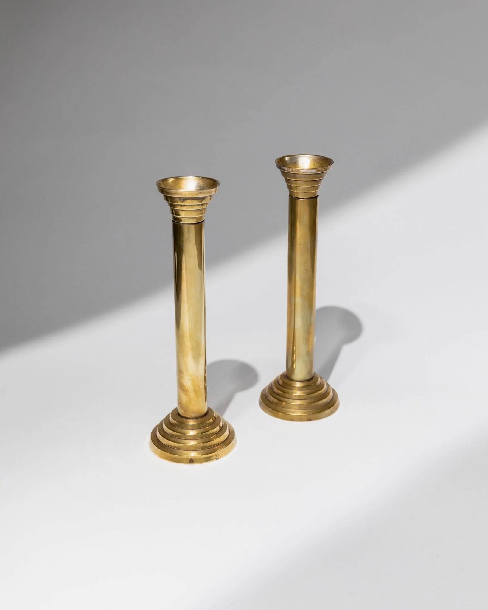 Gold-Plated Metal Candle Holders Set of 2, 1960s Italian Column Design, Vintage Table Decor