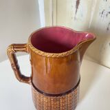 Old vintage ceramic pitcher or jug from Sarreguemines France Brown and pink interior, imitation basket