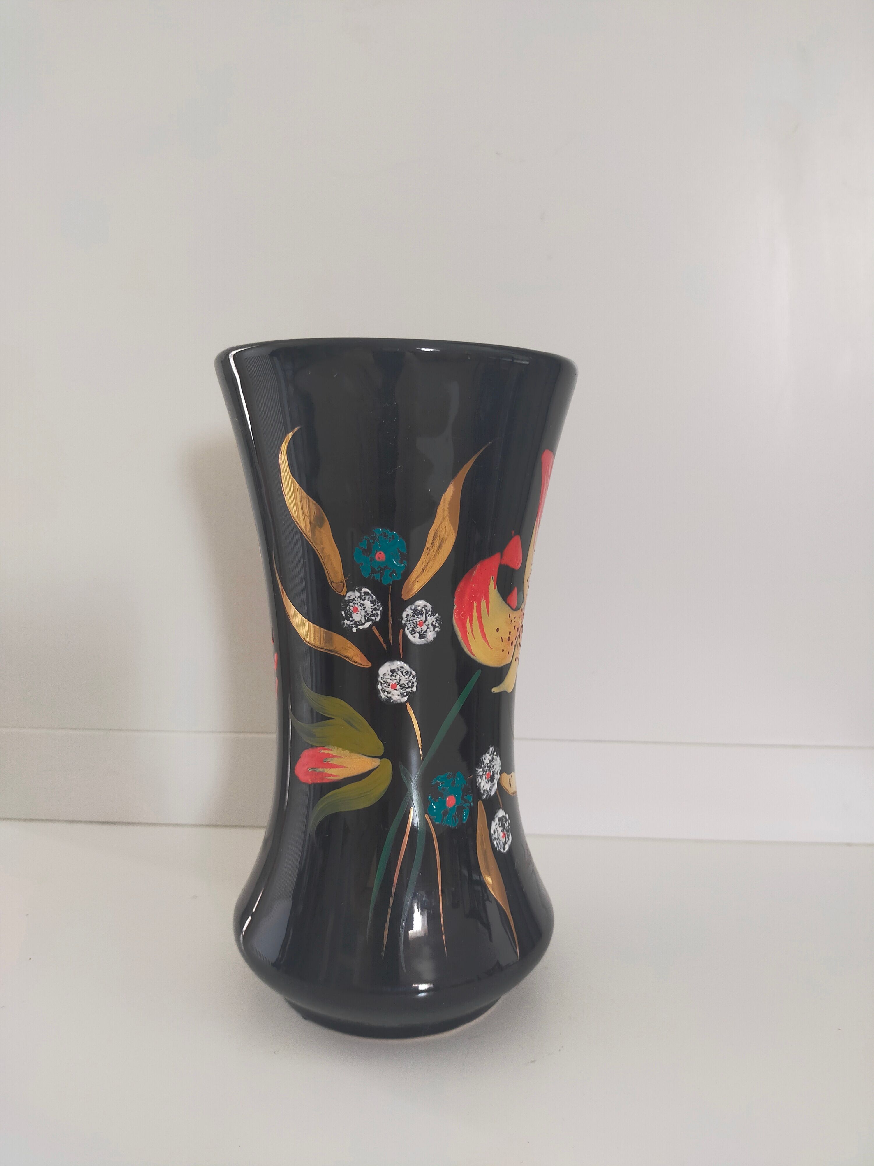 Longwy, Louis Valenti Black vase decorated with tiger lilies in polychrome enamels