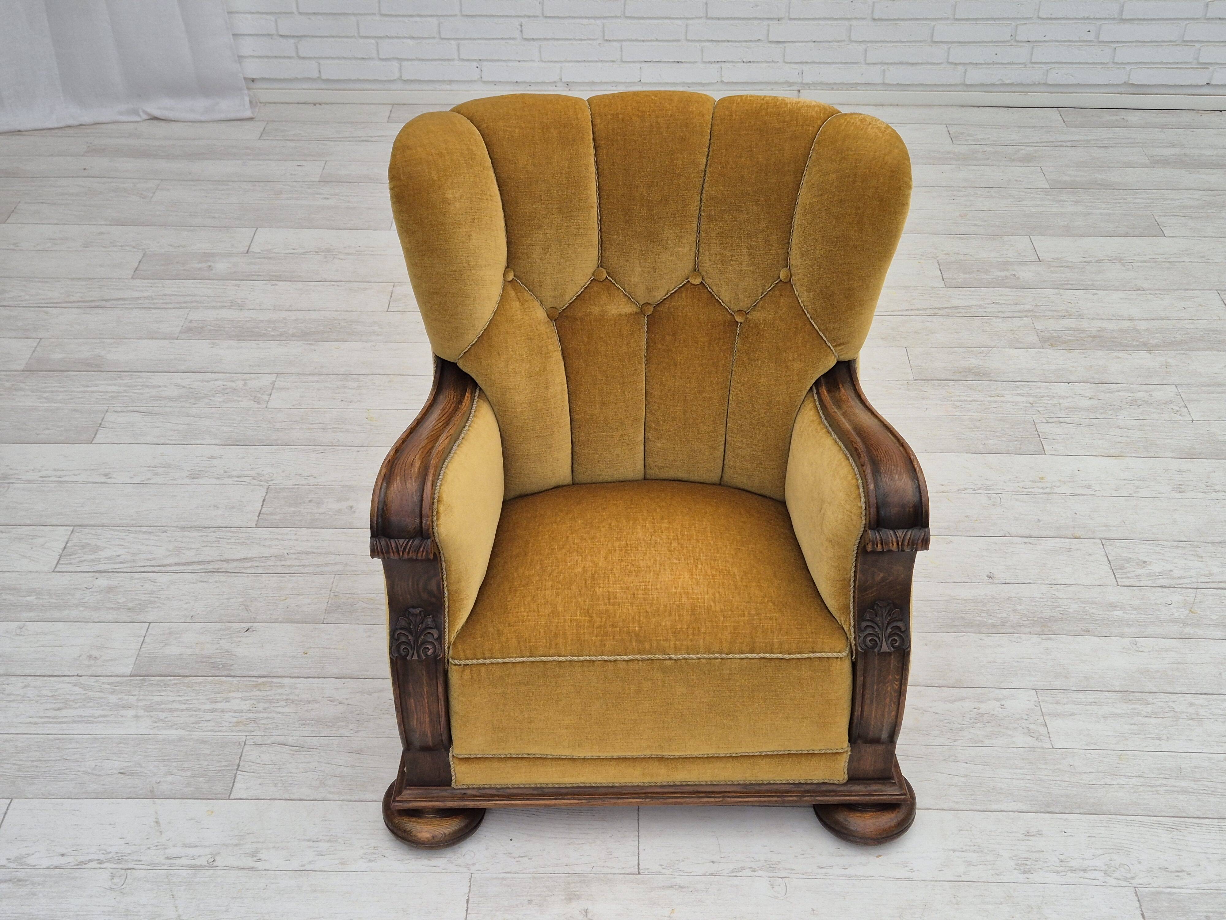 1960s, Danish relax armchair, yellow-honning furniture velour, oak wood.