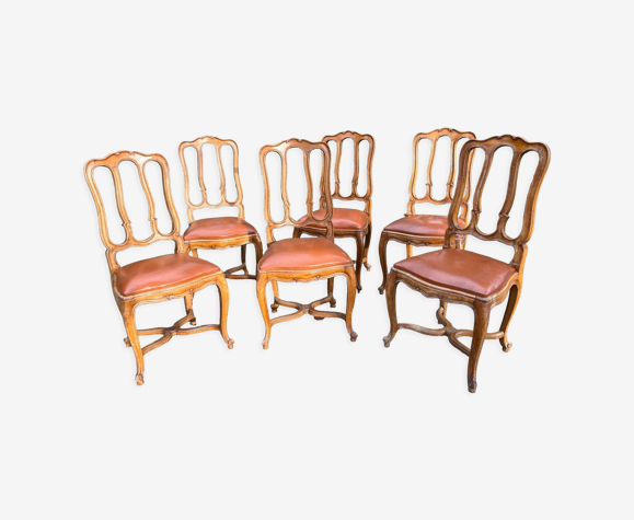 Suite de 6 chaises style Louis XV merisier et cuir