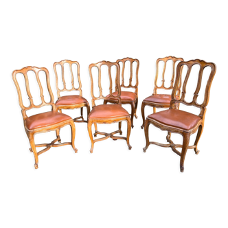 Suite of 6 Louis XV cherry and leather style chairs