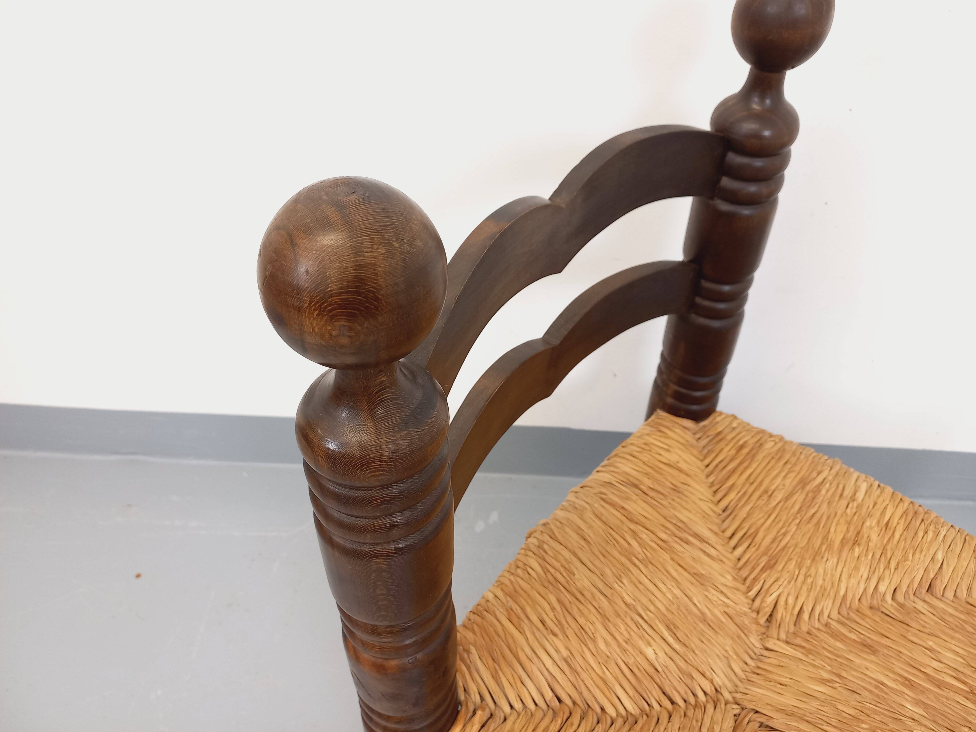 Vintage Charles Dudouyt Brutalist Low Chair in Wood and Straw, 1940s