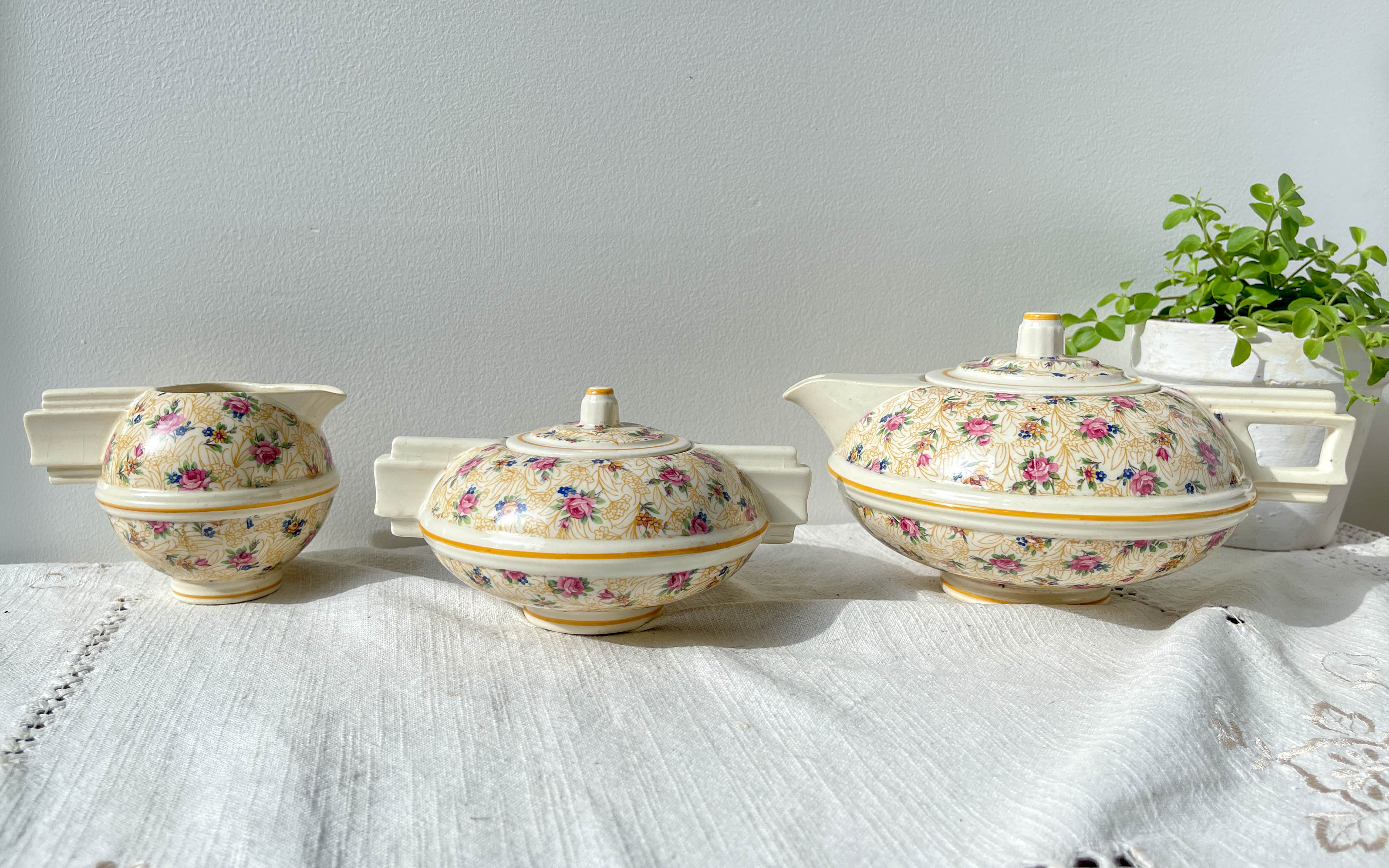 Robj Paris Coffee Tea Set with Floral Yellow Porcelain Core - Vintage Art Deco Style