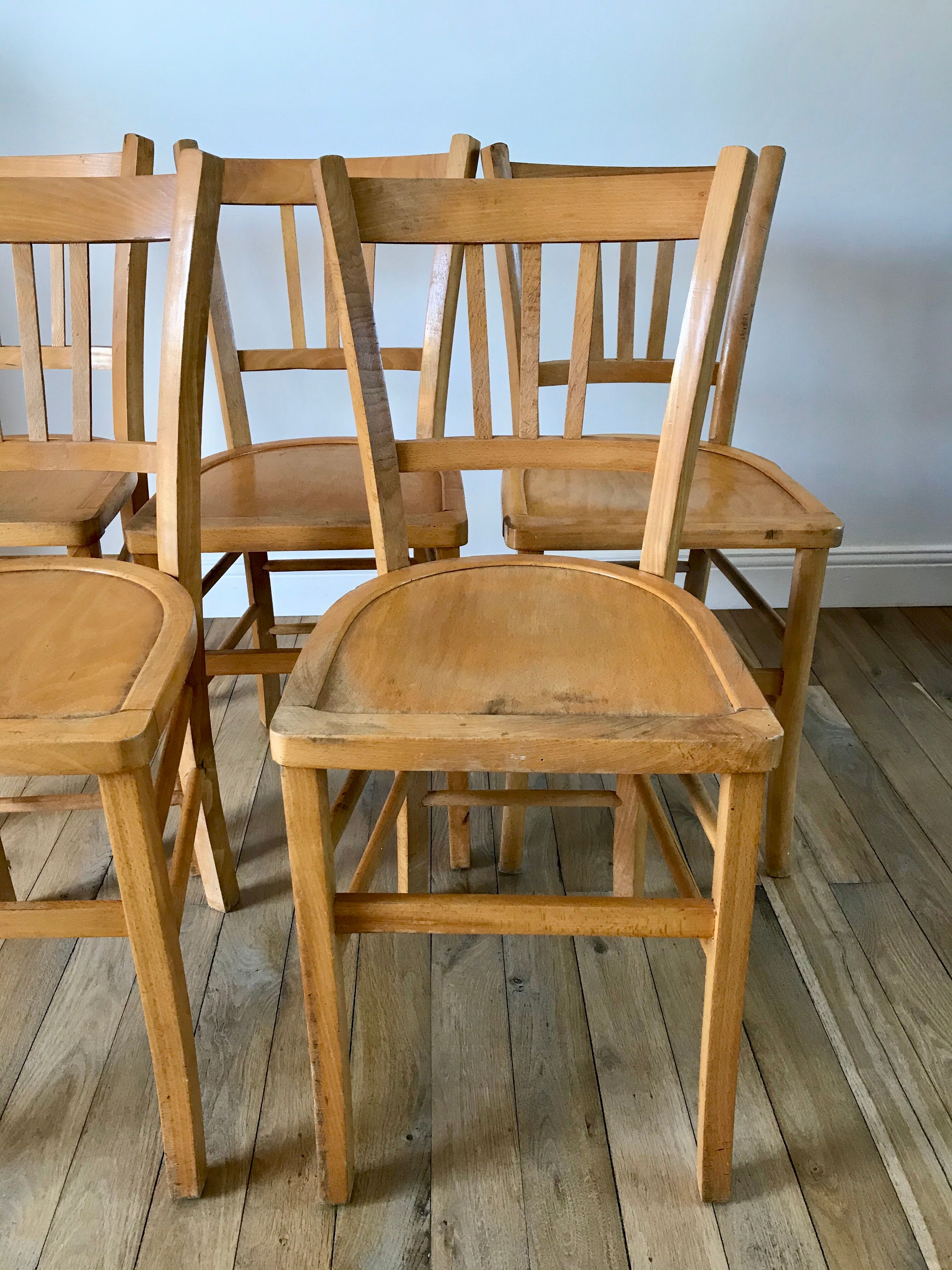 Set of 5 Luterma light blond wood bistro chairs from the 50s