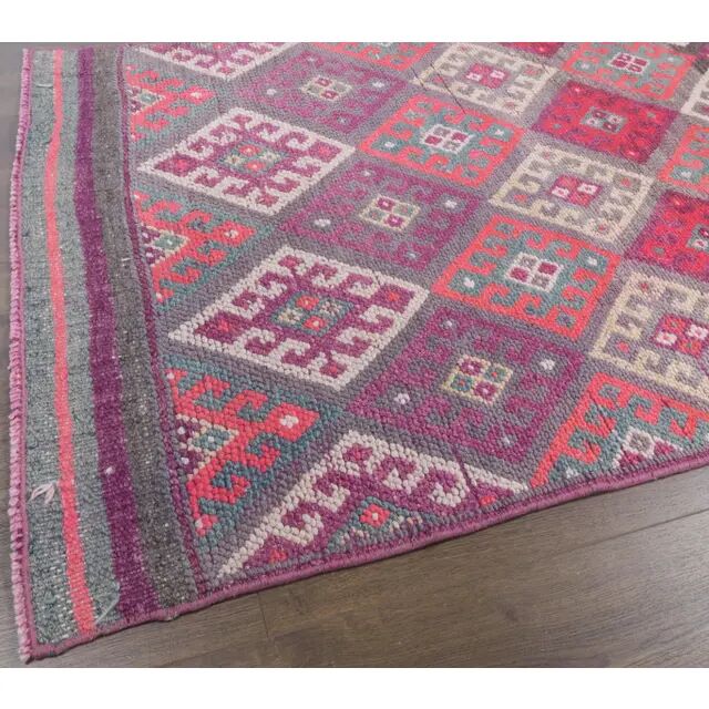 Vintage pink diamond Turkish hand-knotted runner rug 96x345