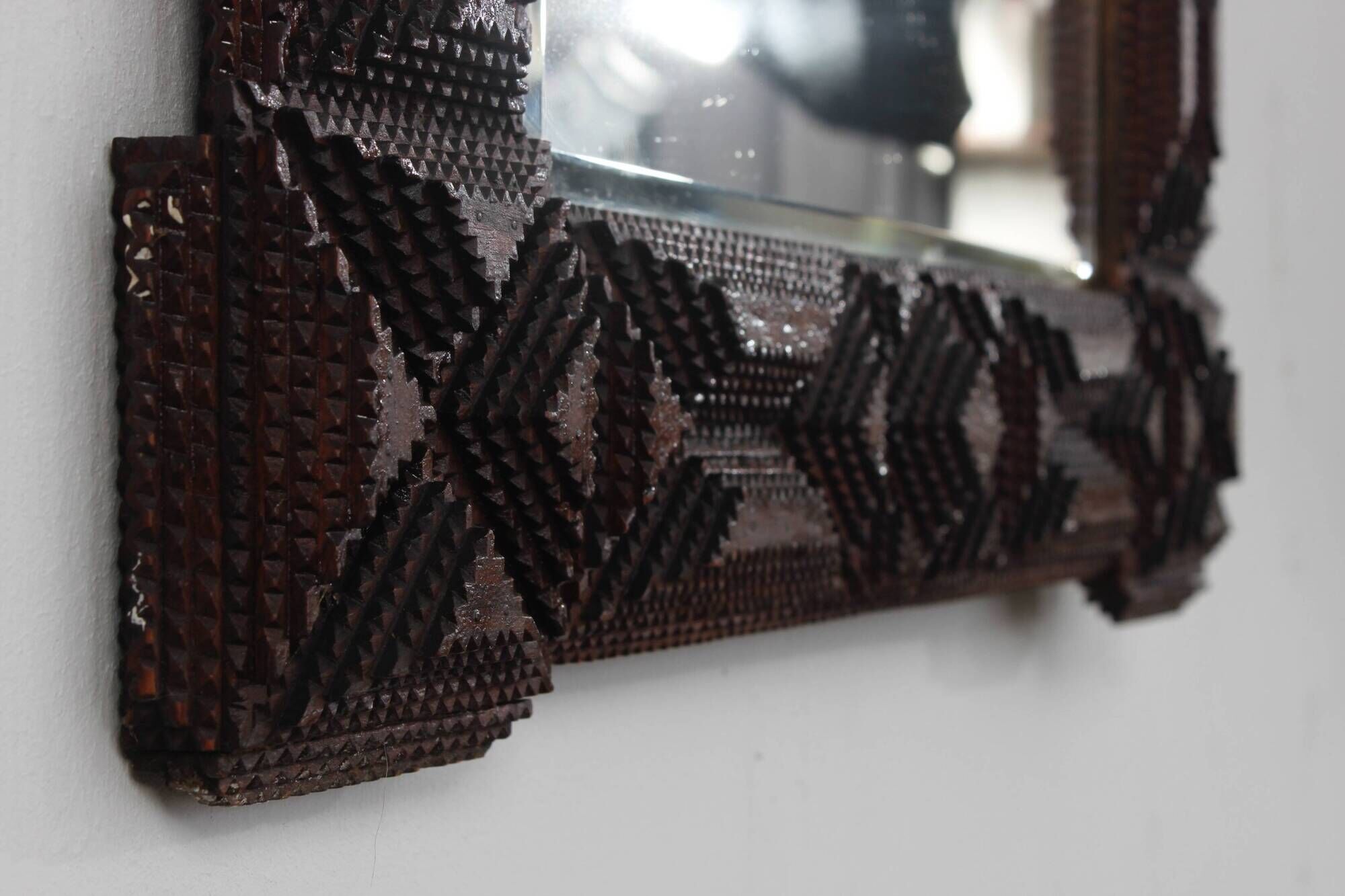 Antique Tramp Art wall mirror brutalism chip carving 1900