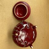 Old tripod candy jar j. guet flamed red ceramic vintage #b212
