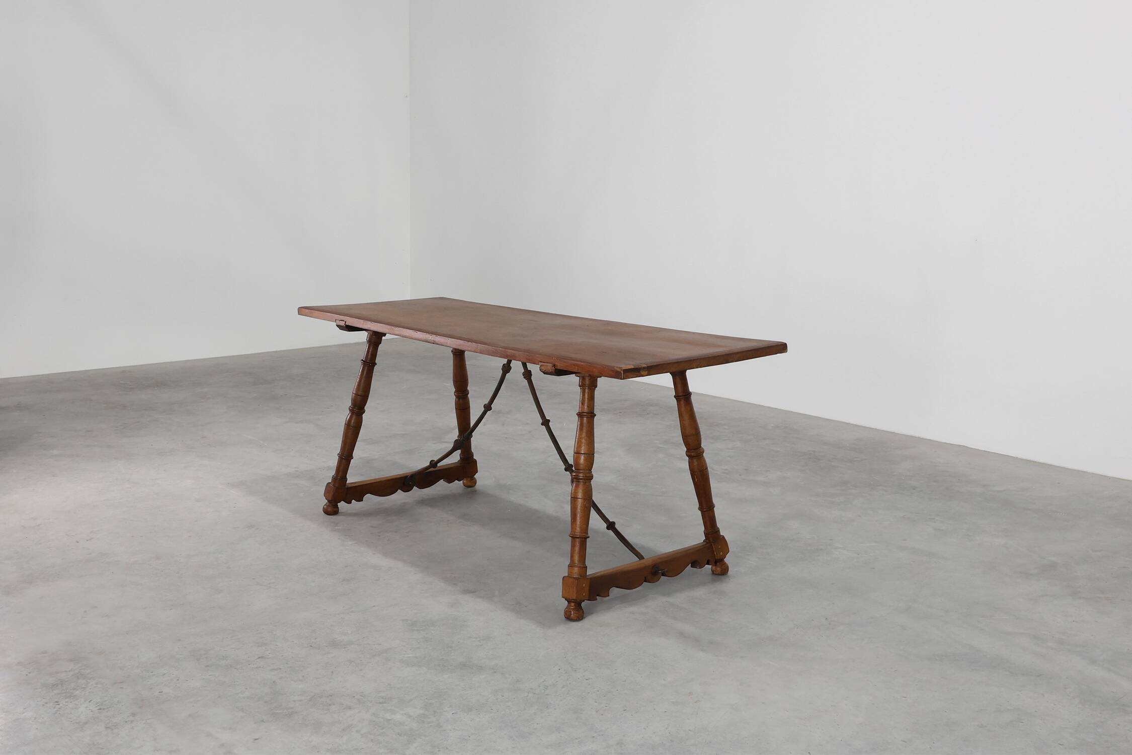 18th‑Century Spanish Walnut Trestle Table with Iron Stretcher